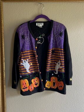 Jack B. Quick Halloween Cardigan Sweater - Black with Ghosts, Spiders, Pumpkins